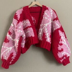 Pink and Red Knit Cardigan with Monstera Motif